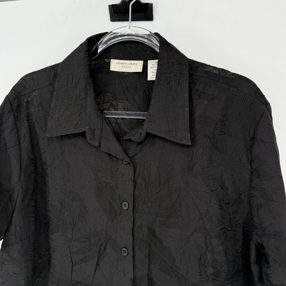 Lemon Grass Woman 1X Short Sleeve Button Up Black Embroidered Gothic Beach Dark